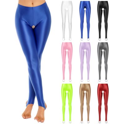 Women Oil Shiny Leggings Crotchless Mid Waist Skinny Tight Yoga Stirrup Pants